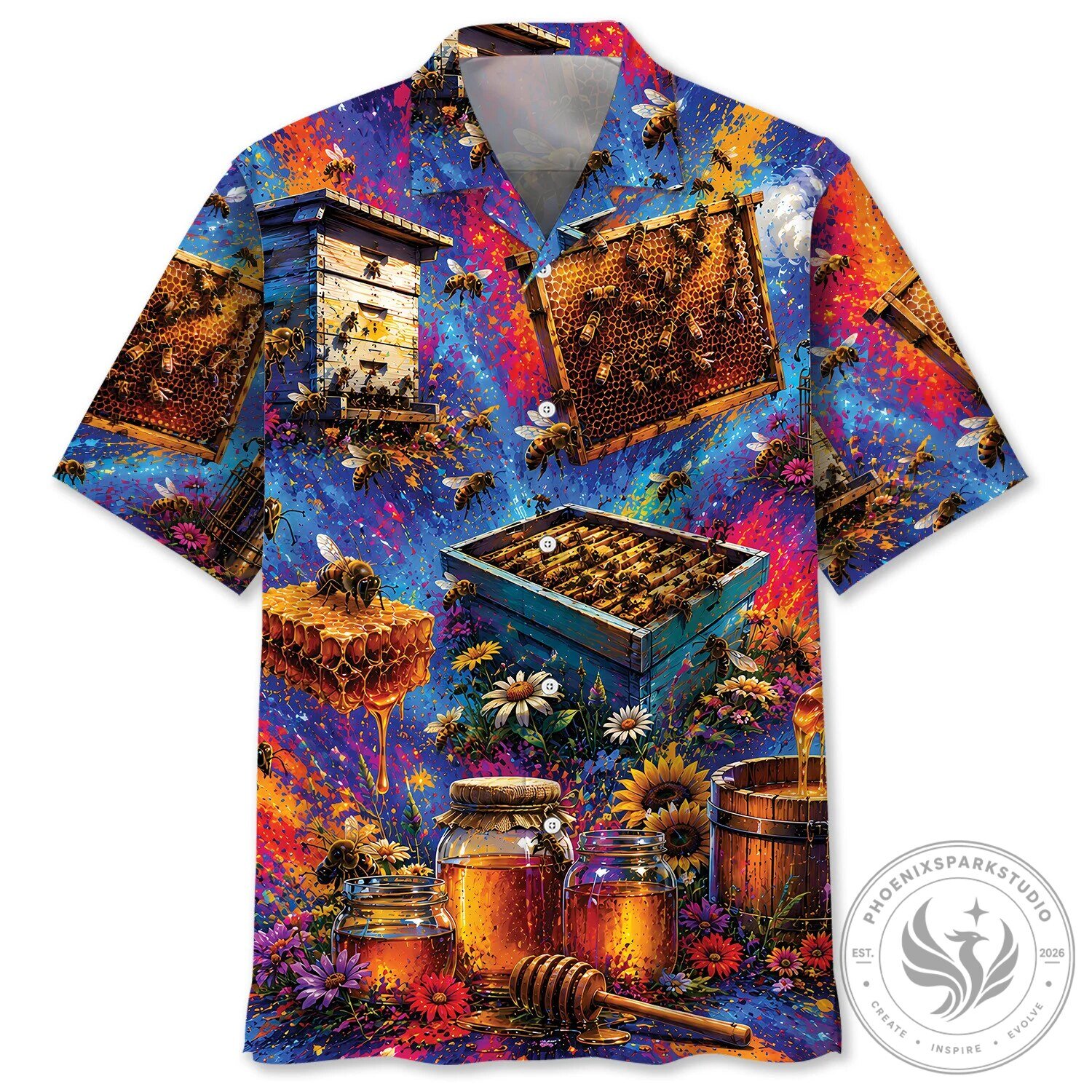 Colorful Beekeeper Gift Vintage Art Honeycomb and Bees Hawaiian Shirt