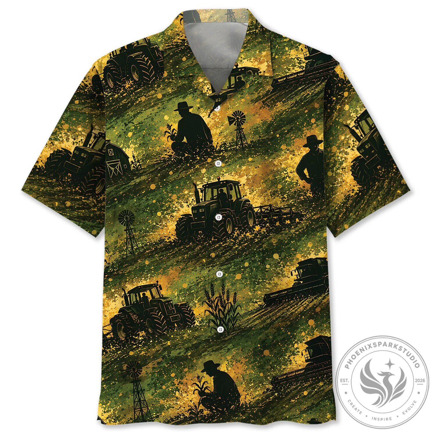 Vintage Farming Tractor Silhouette Green Hawaiian Shirt