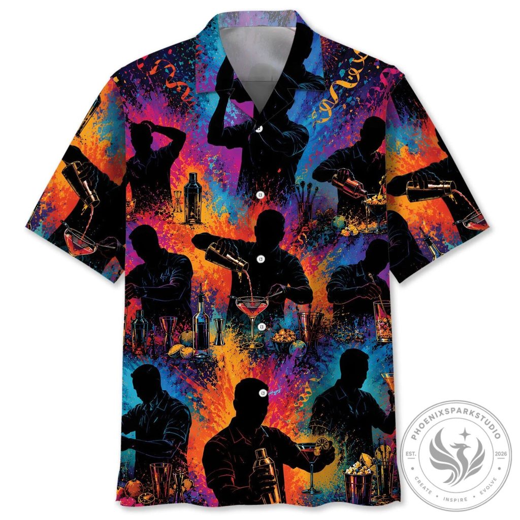 Bartender Silhouette Colorful Cocktail Party Hawaiian Shirt for Men Bartender Silhouette Colorful Cocktail Party Hawaiian Shirt for Men