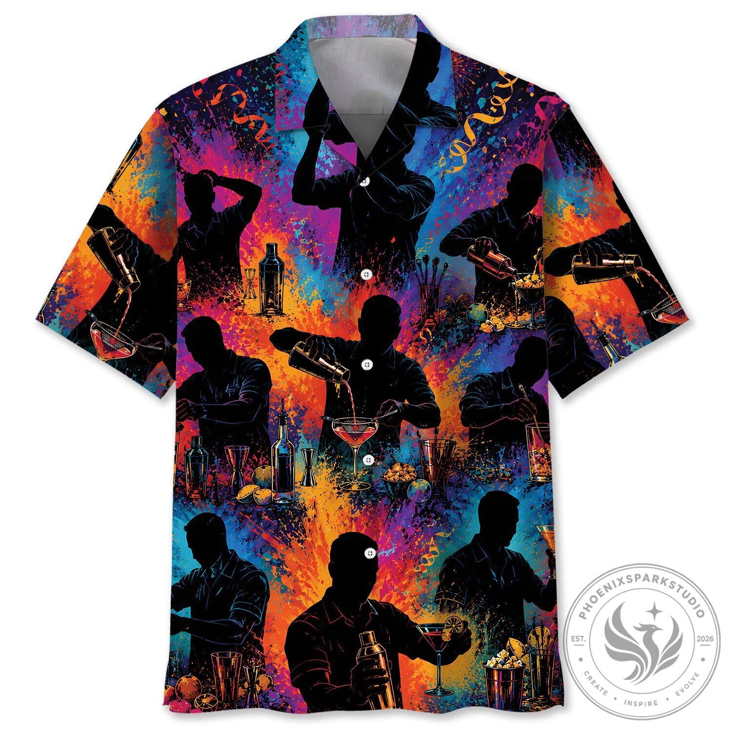 Bartender Silhouette Colorful Cocktail Party Hawaiian Shirt for Men