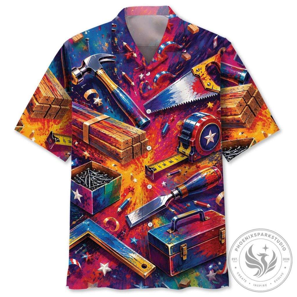 Colorful Carpenter Tools Vintage Hawaiian Shirt