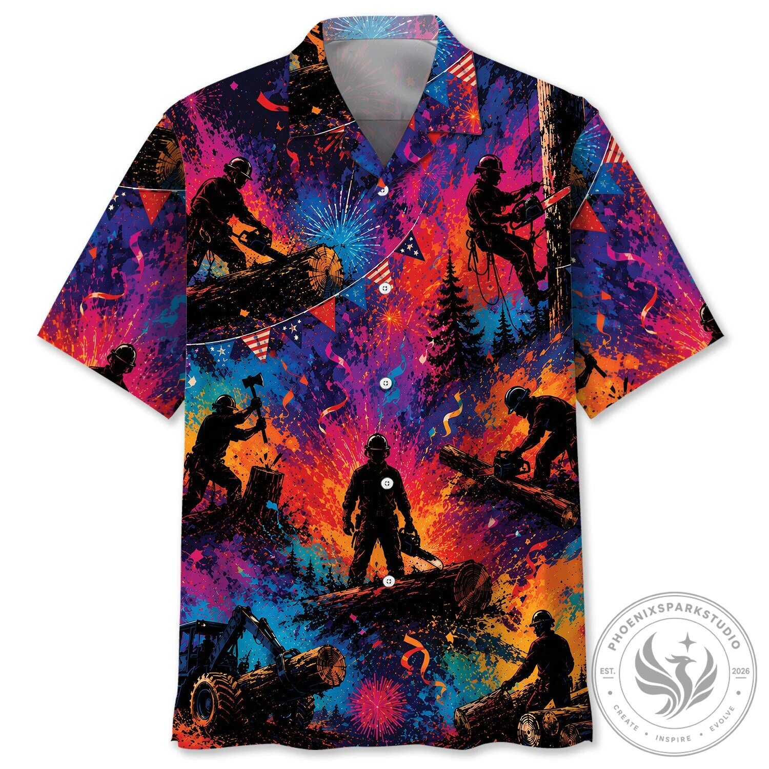 Lumberjack Logger Fireworks American Flag Hawaiian Shirt
