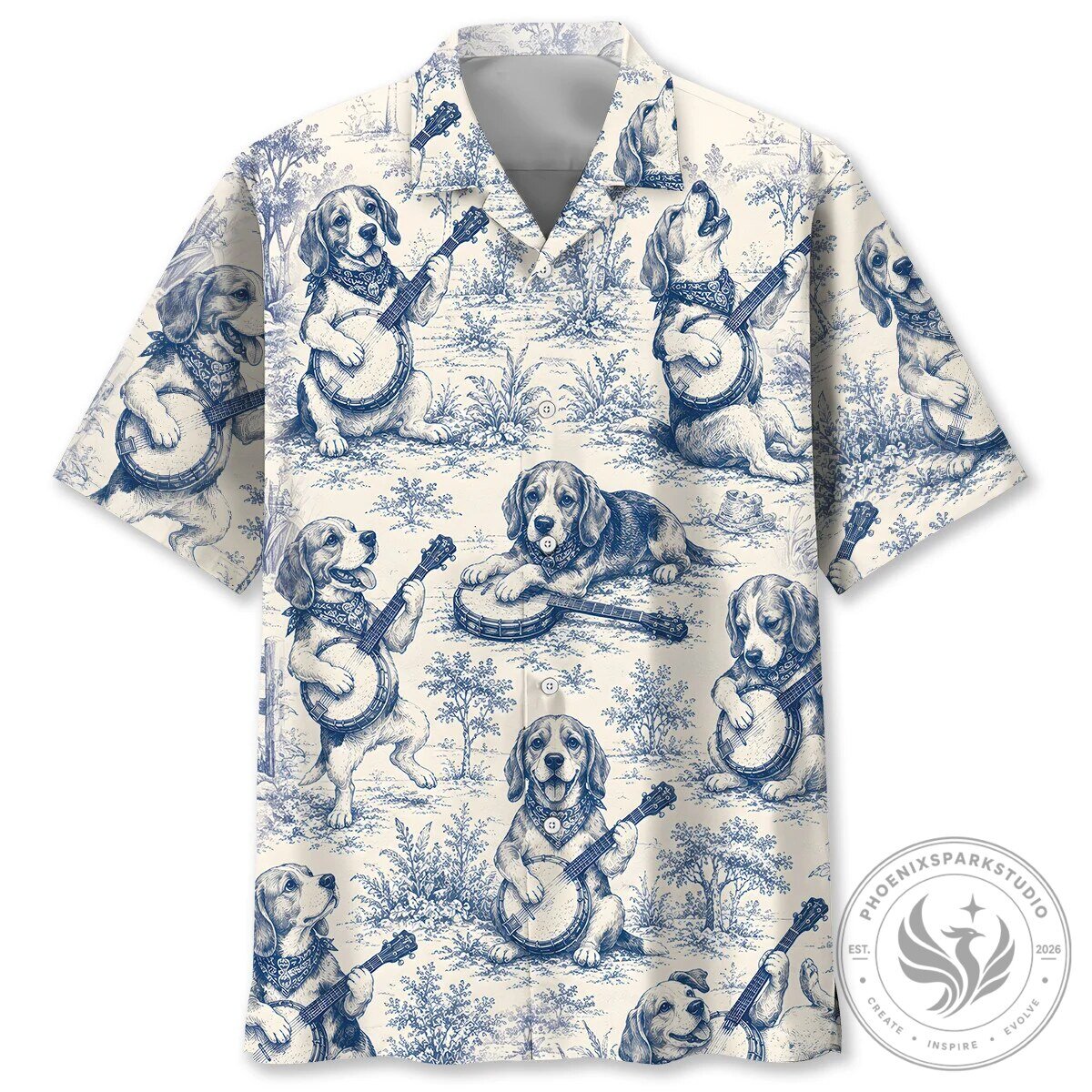 Funny Beagle Dog Playing Banjo Blue Hawaiian Shirt