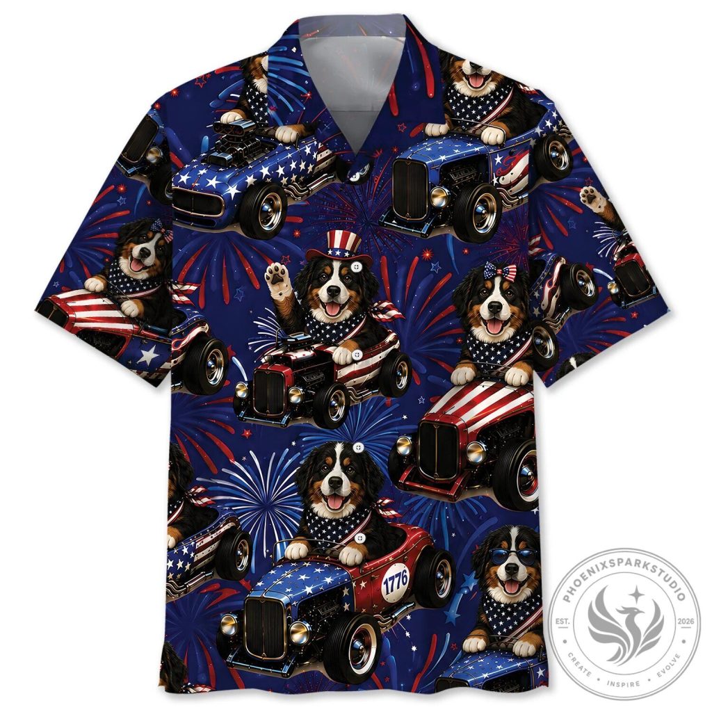 Funny Dog Shirt Bernese Mountain Dog Hot Rod 4th of July Hawaiian Shirt Funny Dog Shirt Bernese Mountain Dog Hot Rod 4th of July Hawaiian Shirt