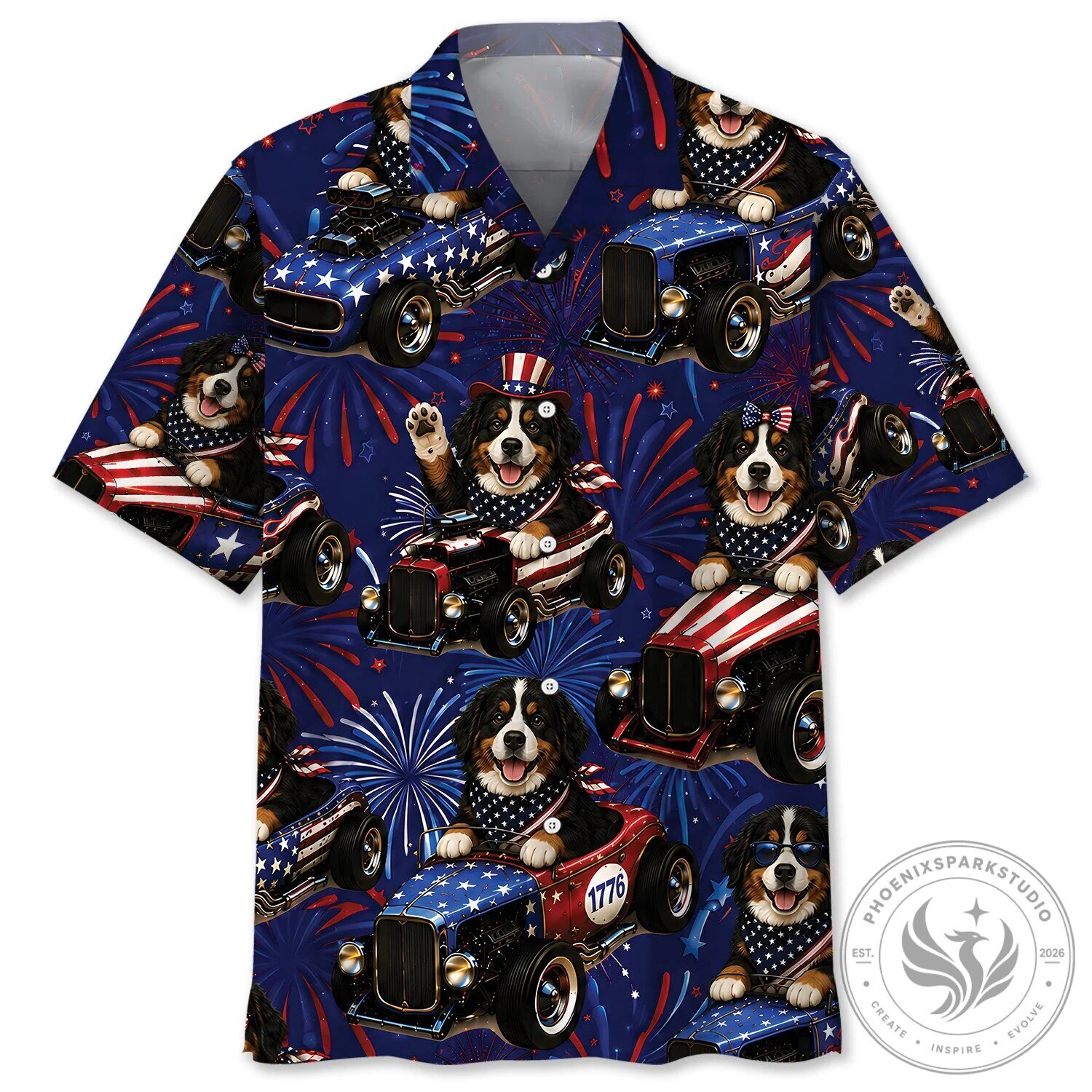 Funny Dog Shirt Bernese Mountain Dog Hot Rod 4th of July Hawaiian Shirt