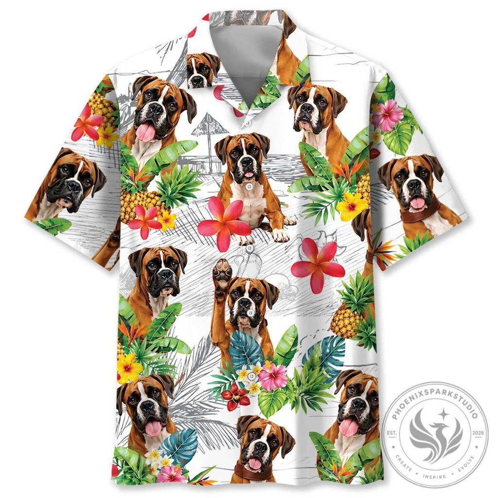 Funny Dog Shirt Boxer Tropical Hawaiian Beach Vacation Button Down Shirt Funny Dog Shirt Boxer Tropical Hawaiian Beach Vacation Button Down Shirt