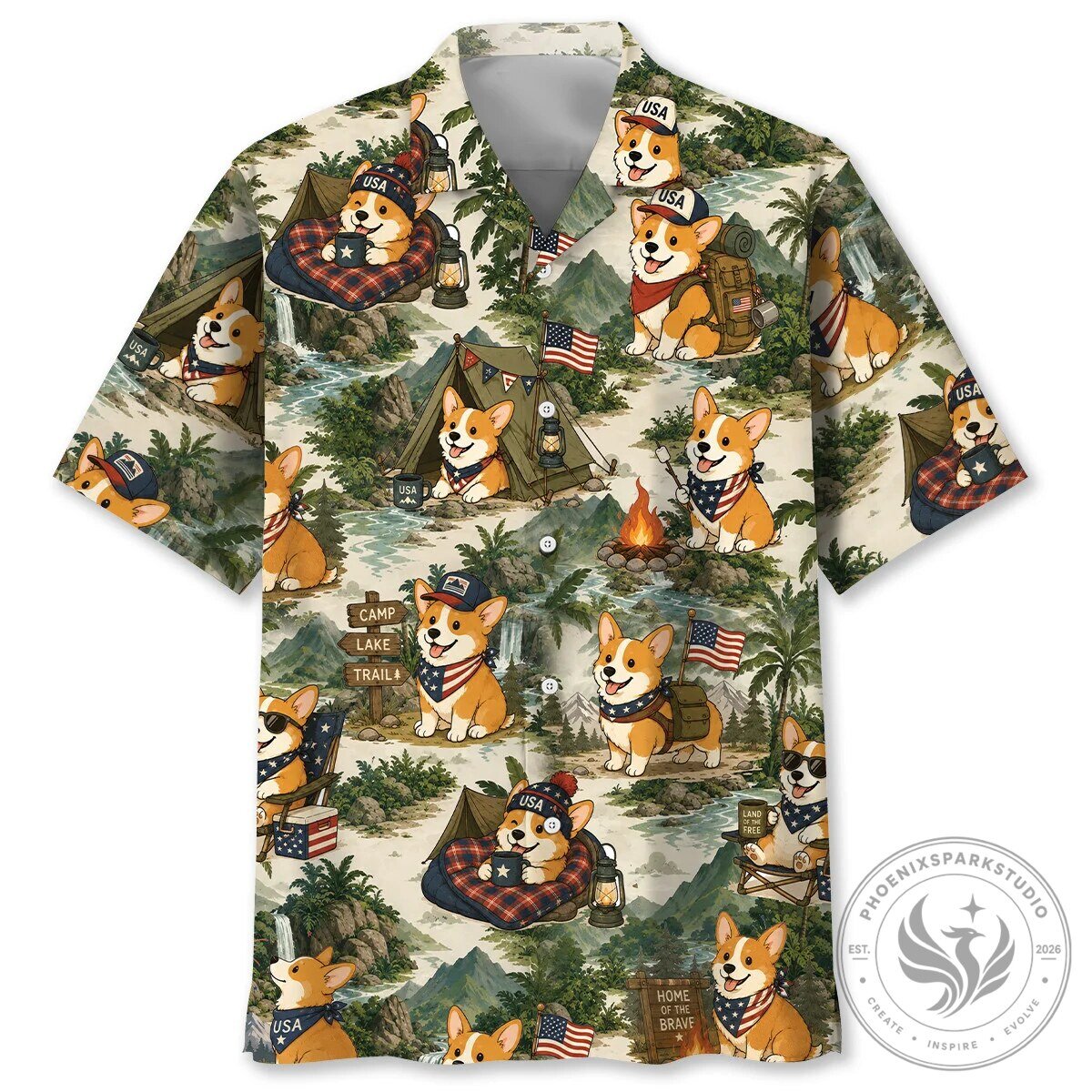 Funny Corgi Dog Camping Hawaiian Shirt, Patriotic USA Flag Summer Beach Top