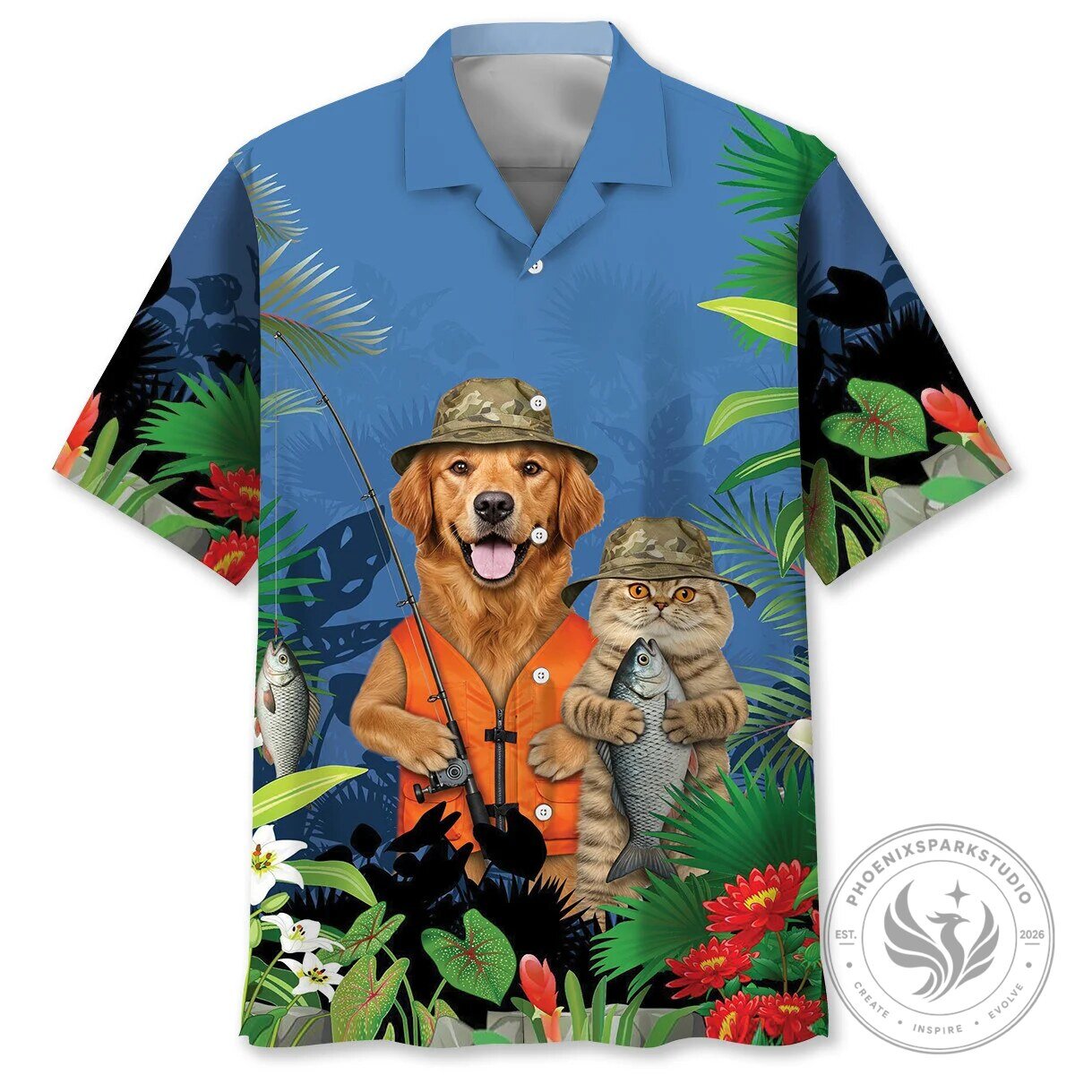 Funny Dog Fishing Hawaiian Shirt with Cat and Tropical Leaves