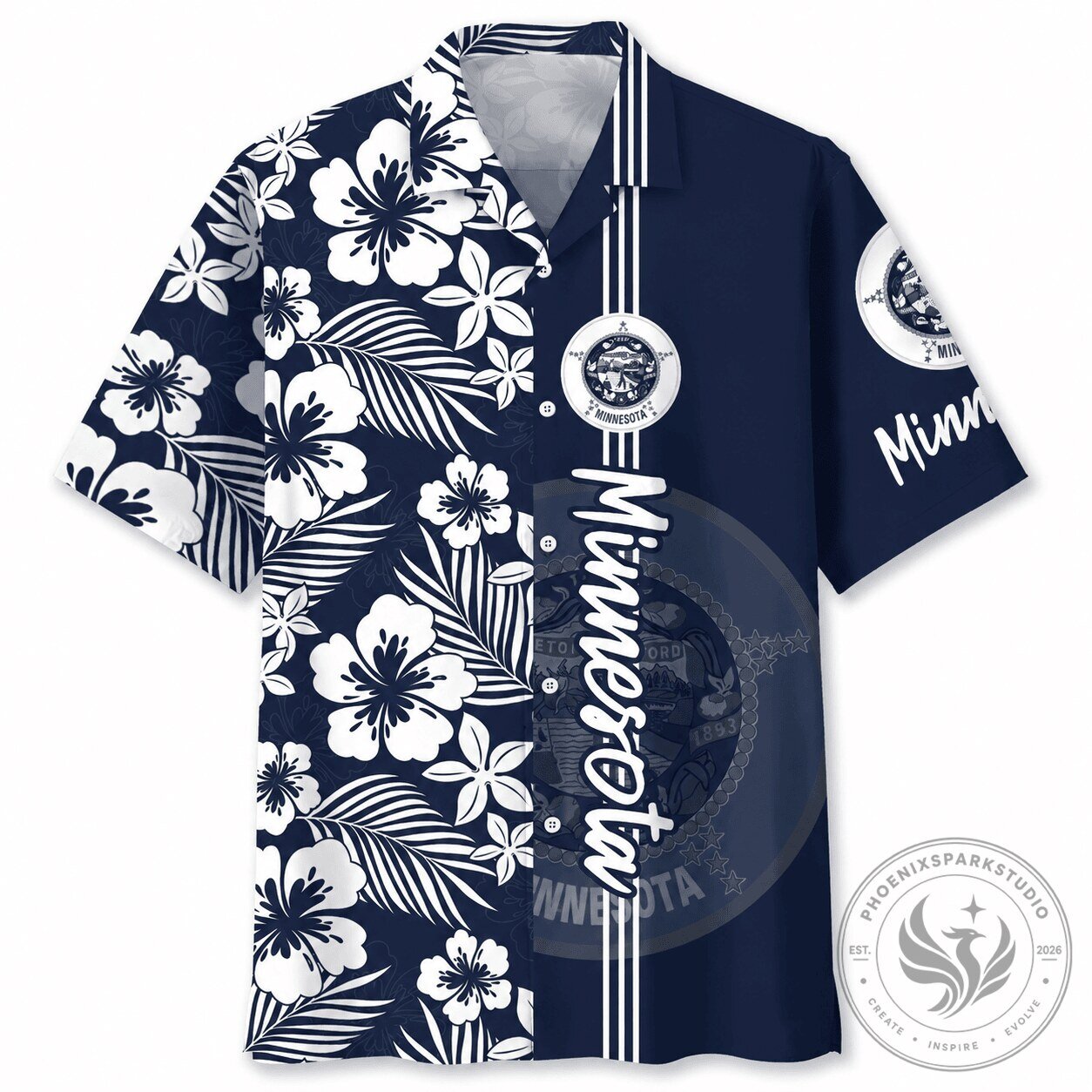 Minnesota State Seal Hibiscus Flower Navy Blue Hawaiian Shirt