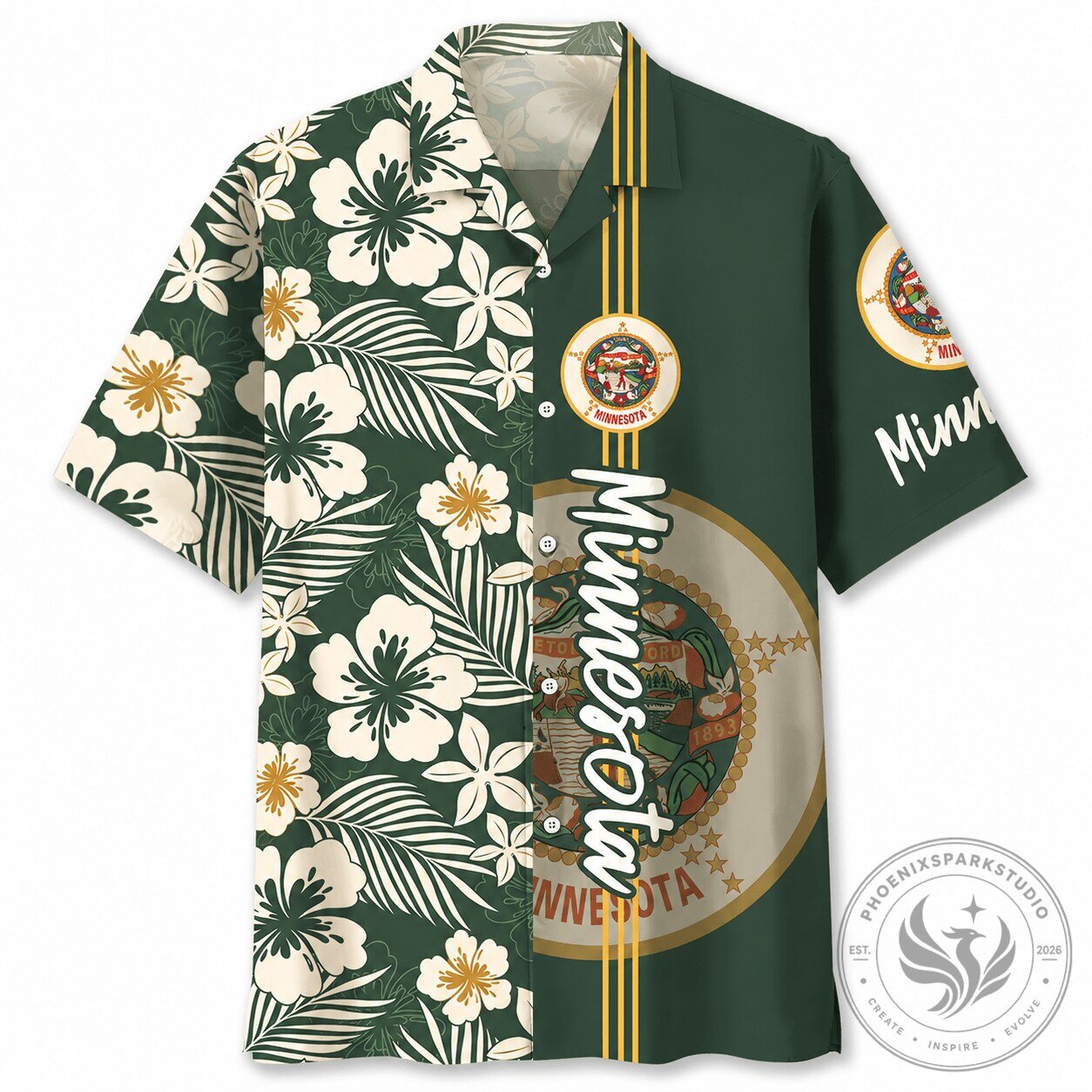 Minnesota State Seal Floral Forest Green Hawaiian Shirt