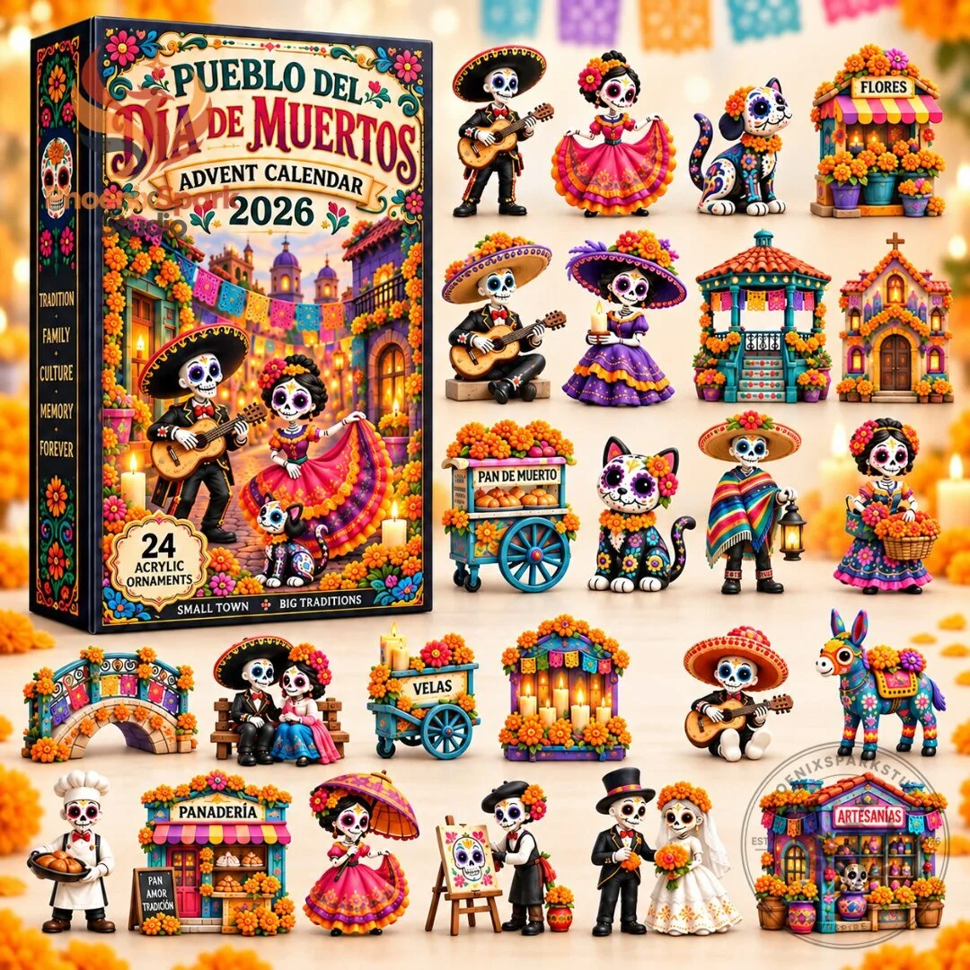 Pueblo del Dia de Muertos 2026 Advent Calendar 24 Day Day of the Dead Acrylic Ornaments