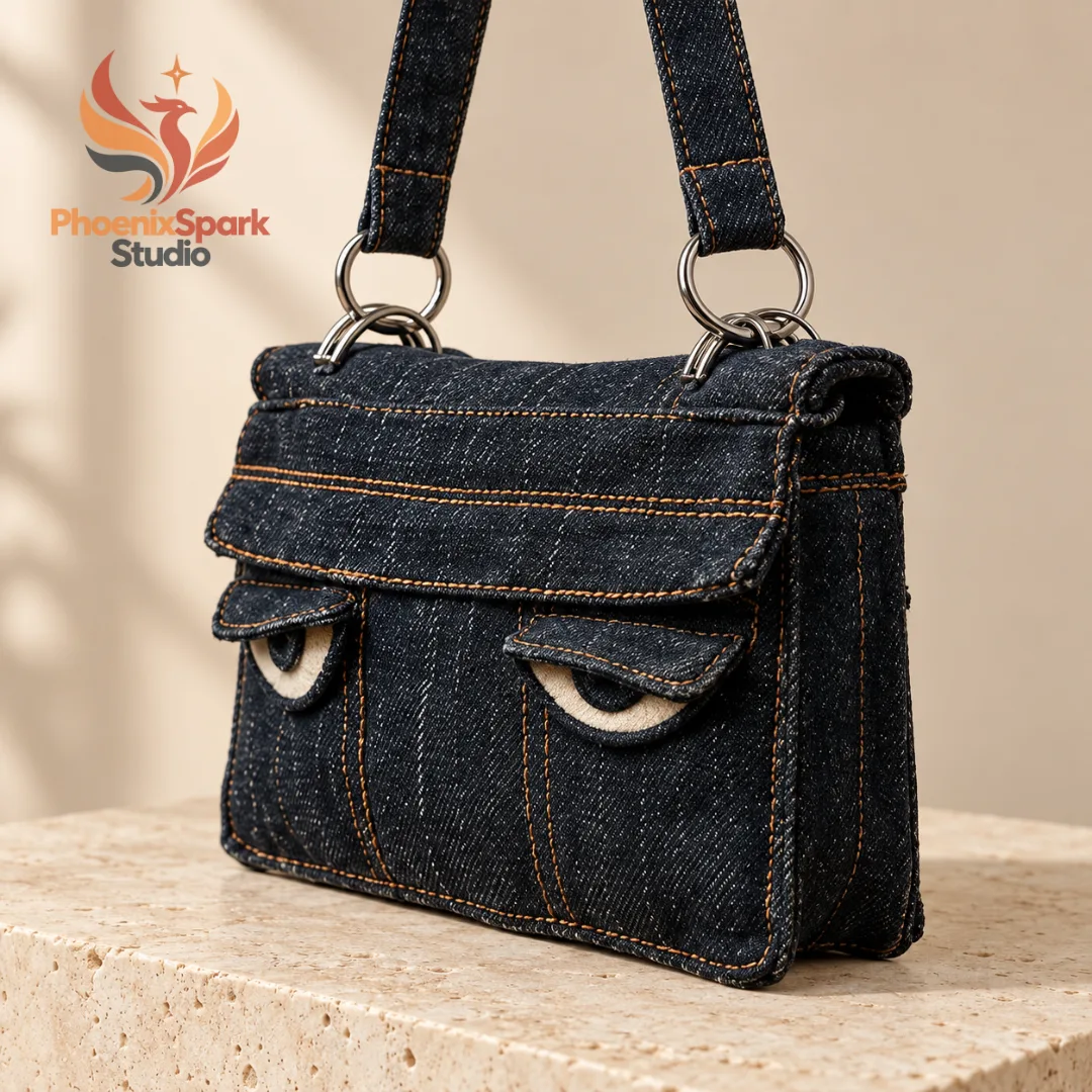 1 Denim Sleepy Eyes Shoulder Bag 2026 Dark Wash Y2K Concept Purse — image 3