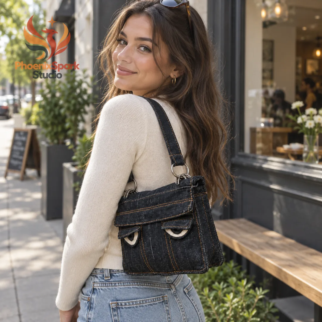 2 Denim Sleepy Eyes Shoulder Bag 2026 Dark Wash Y2K Concept Purse — image 2