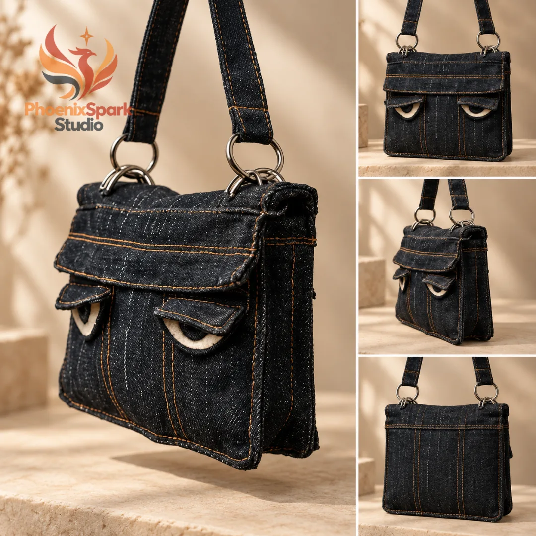 Denim Sleepy Eyes Shoulder Bag 2026 Dark Wash Y2K Concept Purse