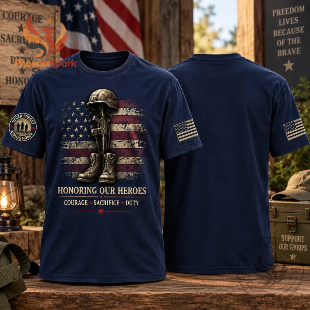"Patriotic Fallen Soldier T-Shirt: Honor Heroes with Battle Cross Design" 18 Honoring Our Heroes Fallen Soldier Battle Cross Patriotic American Flag T Shirt 2026